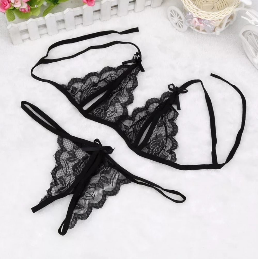 Crotchless G-string Panty Bra Set Bow Lace